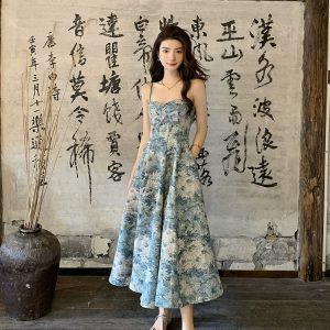 Y2K Floral Slip Dress - Retro Blue Dress for Spring Seaside Vacations