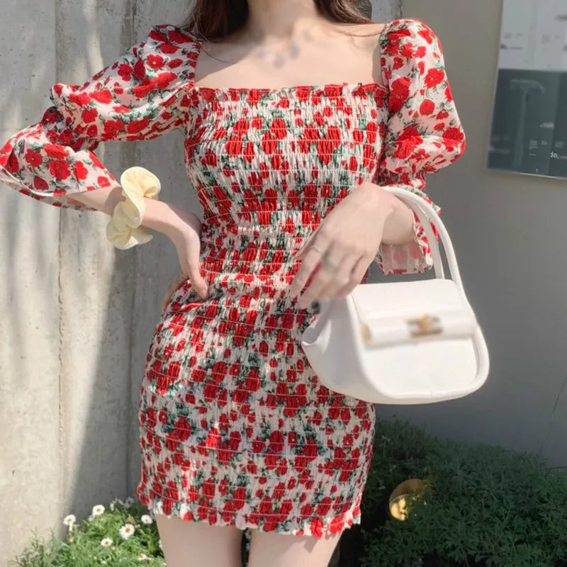 Y2K Floral Square Collar Dress for Women - Slim Waist Bag Hip Skirt, Retro Aesthetic