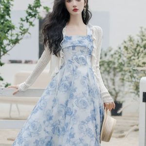 Y2K Floral Square Collar Suspender Dress - Chic Coquette Aesthetic Fashion