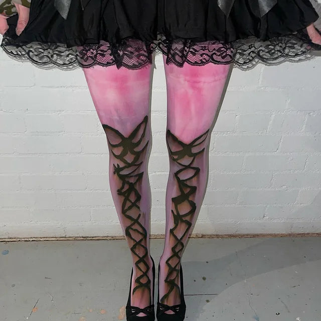 Y2K Graffiti Printed Leggings with Bow Detail - High Waist Mesh Pink Stockings for Trendy Outfits