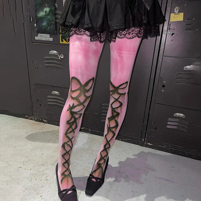 Y2K Graffiti Printed Leggings with Bow Detail - High Waist Mesh Pink Stockings for Trendy Outfits