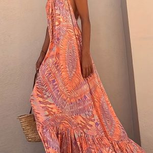 Y2K Halterneck Printed Ruffle Hem Beach Dress - Cute Summer Aesthetic Outfit