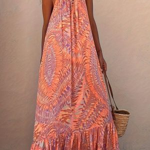 Y2K Halterneck Printed Ruffle Hem Beach Dress - Cute Summer Aesthetic Outfit