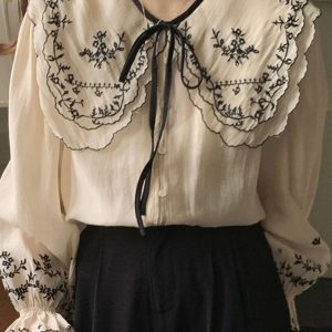 Y2K Heavy Embroidery Shirt - Vintage Aesthetic Top for Coquette and Grunge Styles