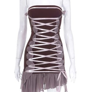 Y2K High Waist Wrap Mini Dress with Ruffles - Sexy Strapless Bandage Streetwear for Women