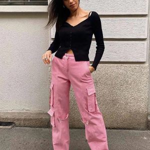 Y2K High Waisted Pink Straight Leg Jeans with Ribbons - Trendy Casual Denim Trousers