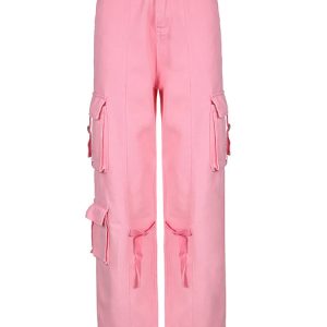 Y2K High Waisted Pink Straight Leg Jeans with Ribbons - Trendy Casual Denim Trousers