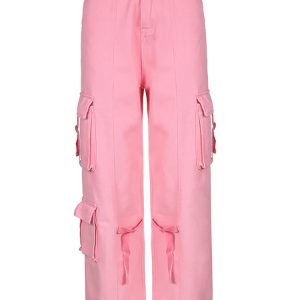 Y2K High Waisted Pink Straight Leg Jeans with Ribbons - Trendy Casual Denim Trousers