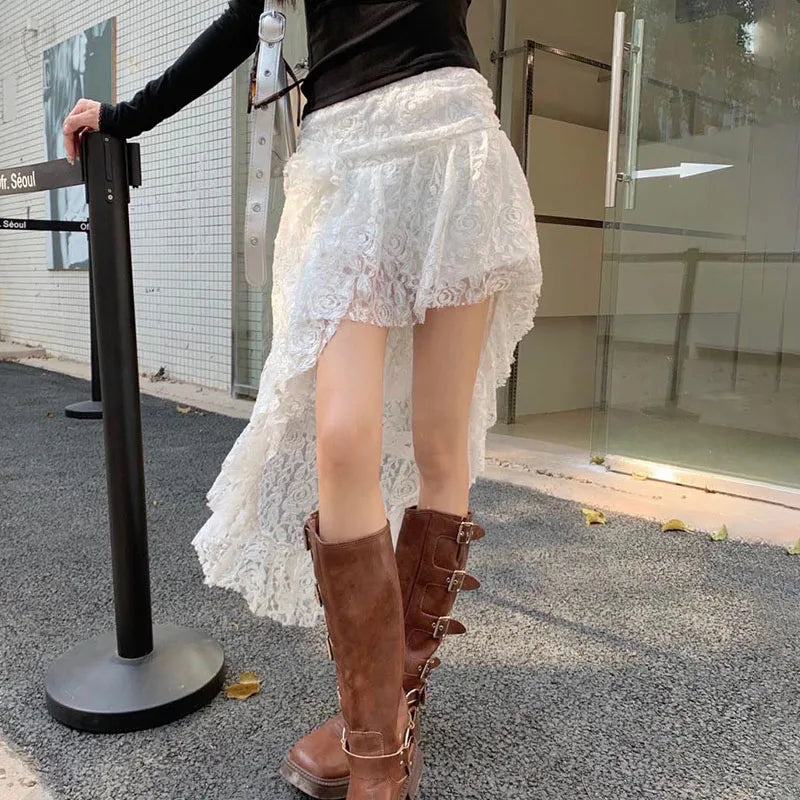 Y2K Hot Girl Summer Lace Skirt - Double-Deck Irregular See-Through White Patchwork Design