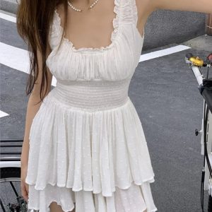 Y2K Irregular Cake Dress - White Sleeveless Ruffle A-Line Mini Dress for Casual Summer Style