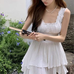 Y2K Irregular Cake Dress - White Sleeveless Ruffle A-Line Mini Dress for Casual Summer Style