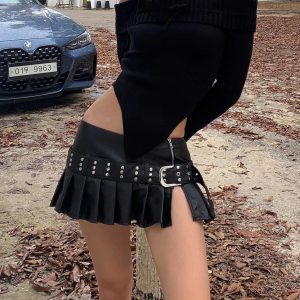 Y2K Leather Super Mini Skirt - Edgy Grunge Style for Trendy Aesthetic Outfits