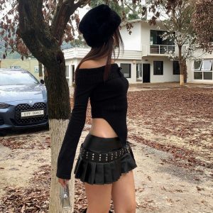 Y2K Leather Super Mini Skirt - Edgy Grunge Style for Trendy Aesthetic Outfits