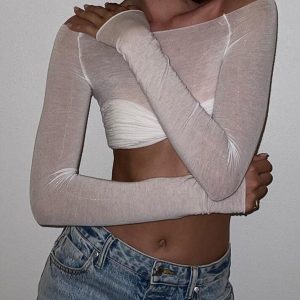 Y2K Mesh Crop Long Sleeve Top - Cute Grunge Aesthetic for Trendy Outfits