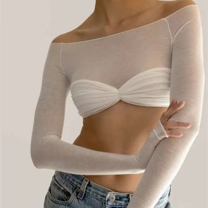 Y2K Mesh Crop Long Sleeve Top - Cute Grunge Aesthetic for Trendy Outfits