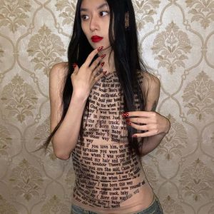 Y2K Mesh Letter Printed O-Neck Tank Top with Gloves - Sexy High Street Slim Tee