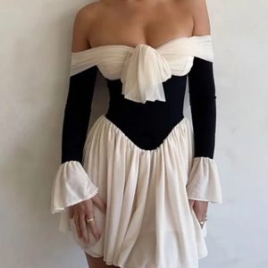 Y2K Off Shoulder Backless Mini Dress with Flare Long Sleeves - Sexy Party Style