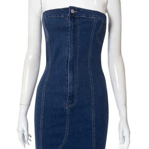 Y2K Off Shoulder Denim Mini Dress - Sleeveless Backless Bodycon with Elegant Button Detail