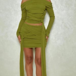 Y2K Off Shoulder Ruched Long Sleeve Crop Top & Mini Skirt Set for Summer & Autumn Parties