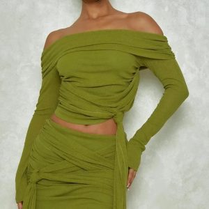 Y2K Off Shoulder Ruched Long Sleeve Crop Top & Mini Skirt Set for Summer & Autumn Parties