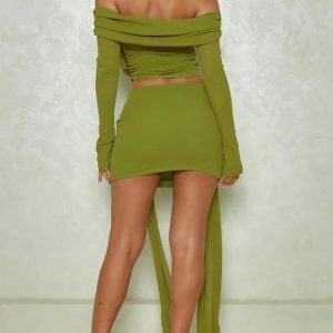 Y2K Off Shoulder Ruched Long Sleeve Crop Top & Mini Skirt Set for Summer & Autumn Parties