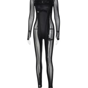 Y2K Patchwork Long Sleeve Jumpsuit - Black Mesh See-Through Sexy Romper for Trendy Outfits