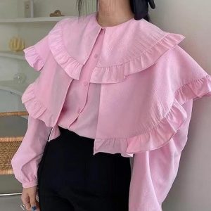 Y2K Pink Ruffle Puff Sleeve Top - Cute Coquette Aesthetic Shirt for Trendy Outfits