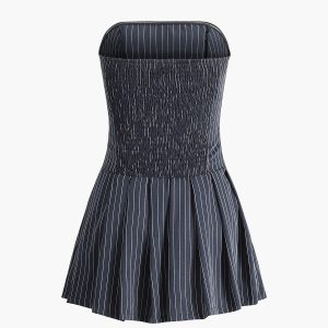 Y2K Pinstripe Pleated Tube Dress - Trendy Coquette Aesthetic for Chic Outfits