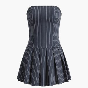 Y2K Pinstripe Pleated Tube Dress - Trendy Coquette Aesthetic for Chic Outfits