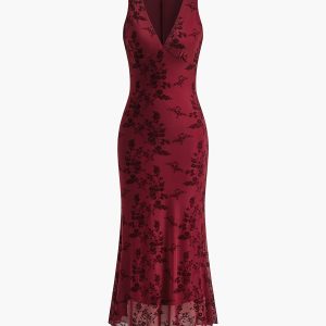 Y2K Printed Mesh Sleeveless V-Neck Long Dress for Coquette and Grunge Aesthetic Styles