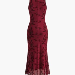 Y2K Printed Mesh Sleeveless V-Neck Long Dress for Coquette and Grunge Aesthetic Styles