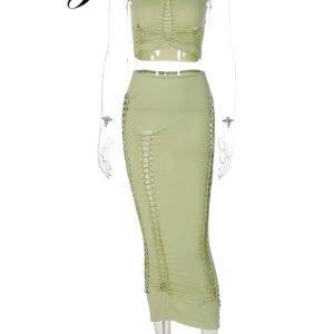 Y2K Ruched Sexy 2-Piece Set: Sleeveless Hollow Out Crop Top & High Waist Bodycon Midi Dress