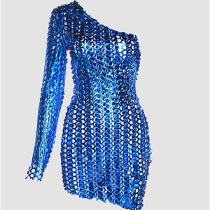 Y2K Sequin One-Sleeved Dress for a Glamorous Night Out - Perfect for Aesthetic Parties