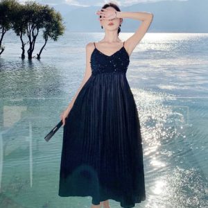 Y2K Sequin Splicing V-Neck Backless Midi Dress - Trendy Off-Shoulder Summer Style