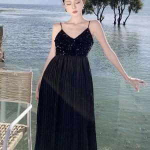 Y2K Sequin Splicing V-Neck Backless Midi Dress - Trendy Off-Shoulder Summer Style