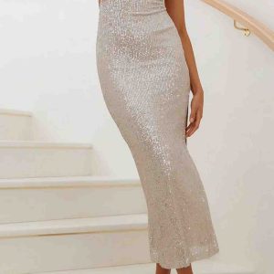 Y2K Sequined Irregular Backless Strap Dress for a Glamorous Coquette Aesthetic Look