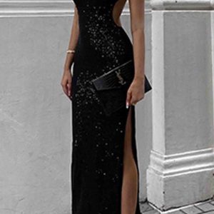 Y2K Sequined Irregular Backless Strap Dress for a Glamorous Coquette Aesthetic Look