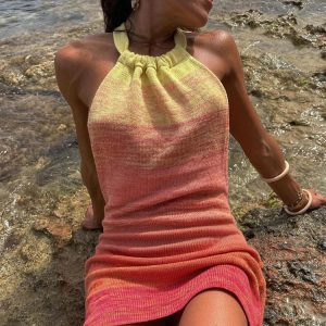 Y2K Sexy Backless Mini Dress for Women - Knitted Halter Sleeveless Boho Beach Style