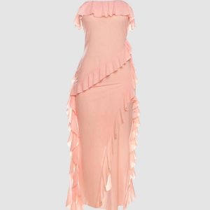 Y2K Side Slit Ruffled Maxi Skirt - Trendy Coquette Aesthetic for Effortless Style