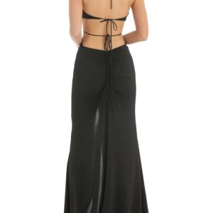 Y2K Sleeveless Off-Shoulder Ruffle Halter Dress with Lace-Up Tassels & Ruched Front