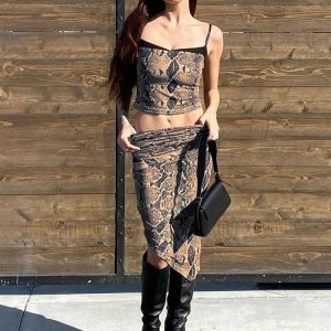 Y2K Snake Print Spaghetti Halter Crop Top & Midi Skirt Set for Summer Party & Club Wear