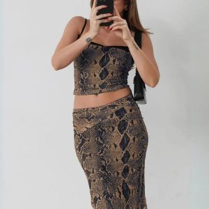 Y2K Snake Print Spaghetti Halter Crop Top & Midi Skirt Set for Summer Party & Club Wear