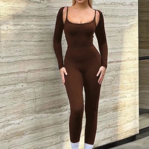 Y2K Solid Long Sleeve Tank Top Jumpsuit for Women - Sexy Bodycon Outfit for Parties & Clubs