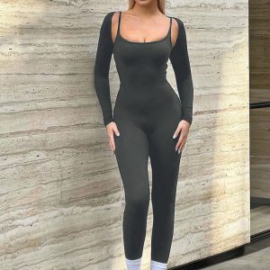 Y2K Solid Long Sleeve Tank Top Jumpsuit for Women - Sexy Bodycon Outfit for Parties & Clubs