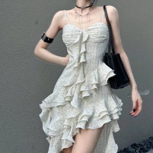 Y2K Spaghetti Strap Irregular Ruffle Dress - Slim Sexy Layered Party Dress for Spring Prom