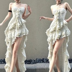 Y2K Spaghetti Strap Irregular Ruffle Dress - Slim Sexy Layered Party Dress for Spring Prom