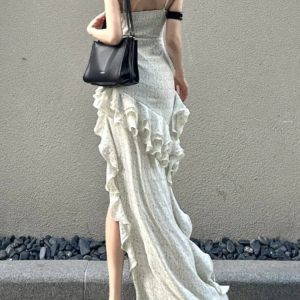 Y2K Spaghetti Strap Irregular Ruffle Dress - Slim Sexy Layered Party Dress for Spring Prom