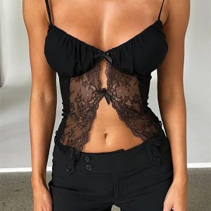 Y2K Streetwear Lace Patchwork Spaghetti Strap Crop Top with Front Split - Summer Essential