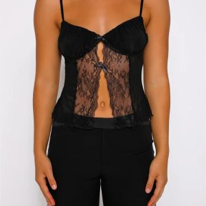 Y2K Streetwear Lace Patchwork Spaghetti Strap Crop Top with Front Split - Summer Essential