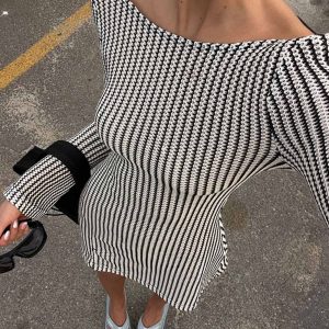 Y2K Striped A-Line Backless Dress for Coquette Aesthetic and Grunge Style Vibes